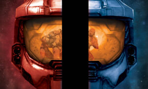 Red and blue Spartan helmets facing each other.