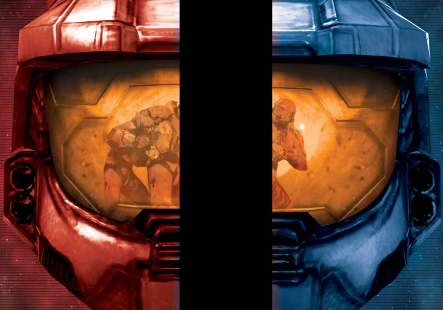 Red and blue Spartan helmets facing each other.